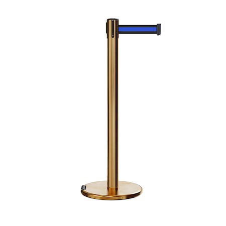 Montour Line Retractable Belt Rolling Stanchion, 2.5ft Sat.Brass Post  11ft. Bk/Bl P400RL-SB-BBH-110